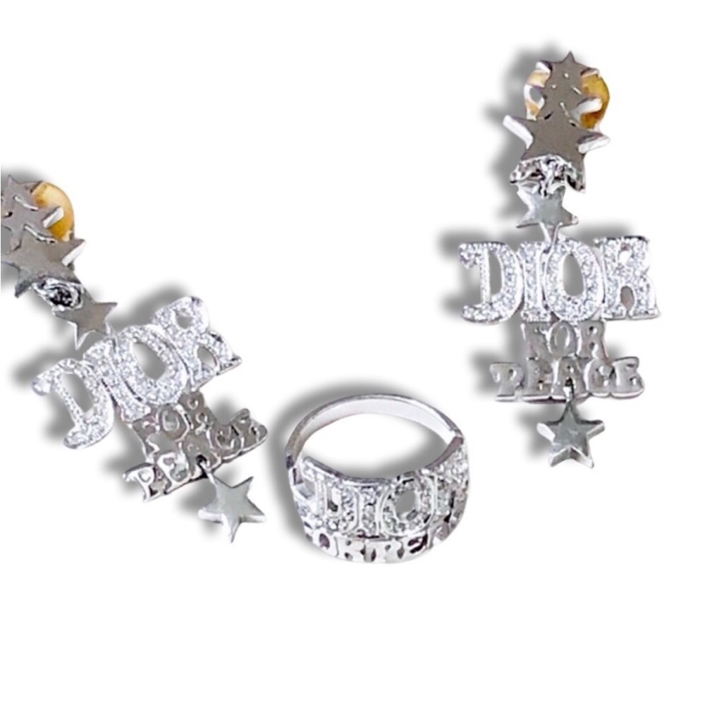 Vintage Christian Dior 70’s Silver Diamanté Crystal Dior For Peace Logo Earrings - Picture 7 of 17